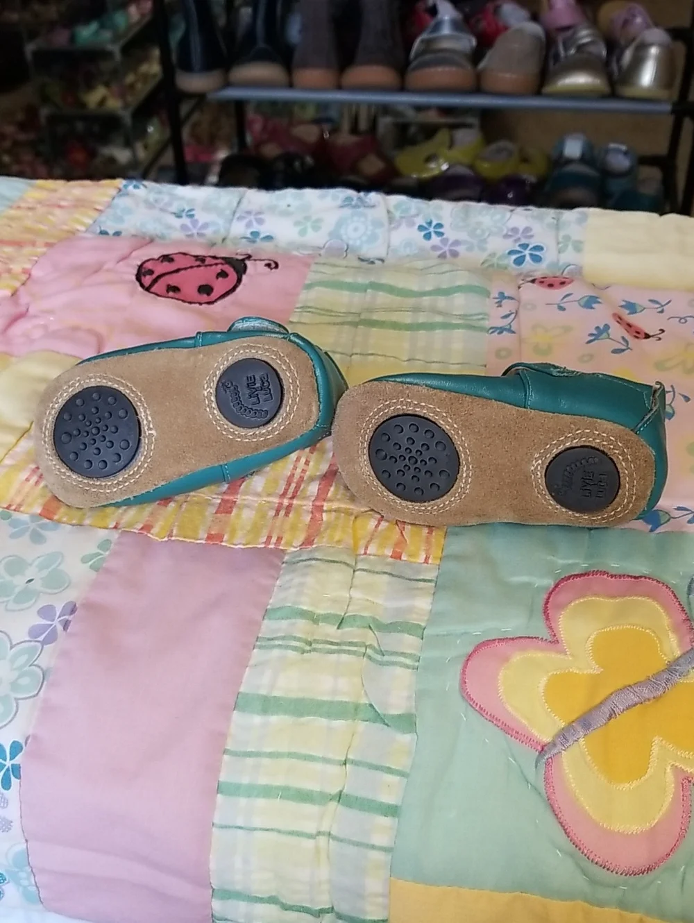Livie & Luca Teal Leather Mary Janes with Gold Glitter Bird 0-6 Month Pio Pio